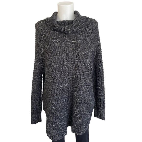 Free People women’s Gray Marled Cowl Neck Chunky Knit Sweater Oversized sz Small - Picture 1 of 9